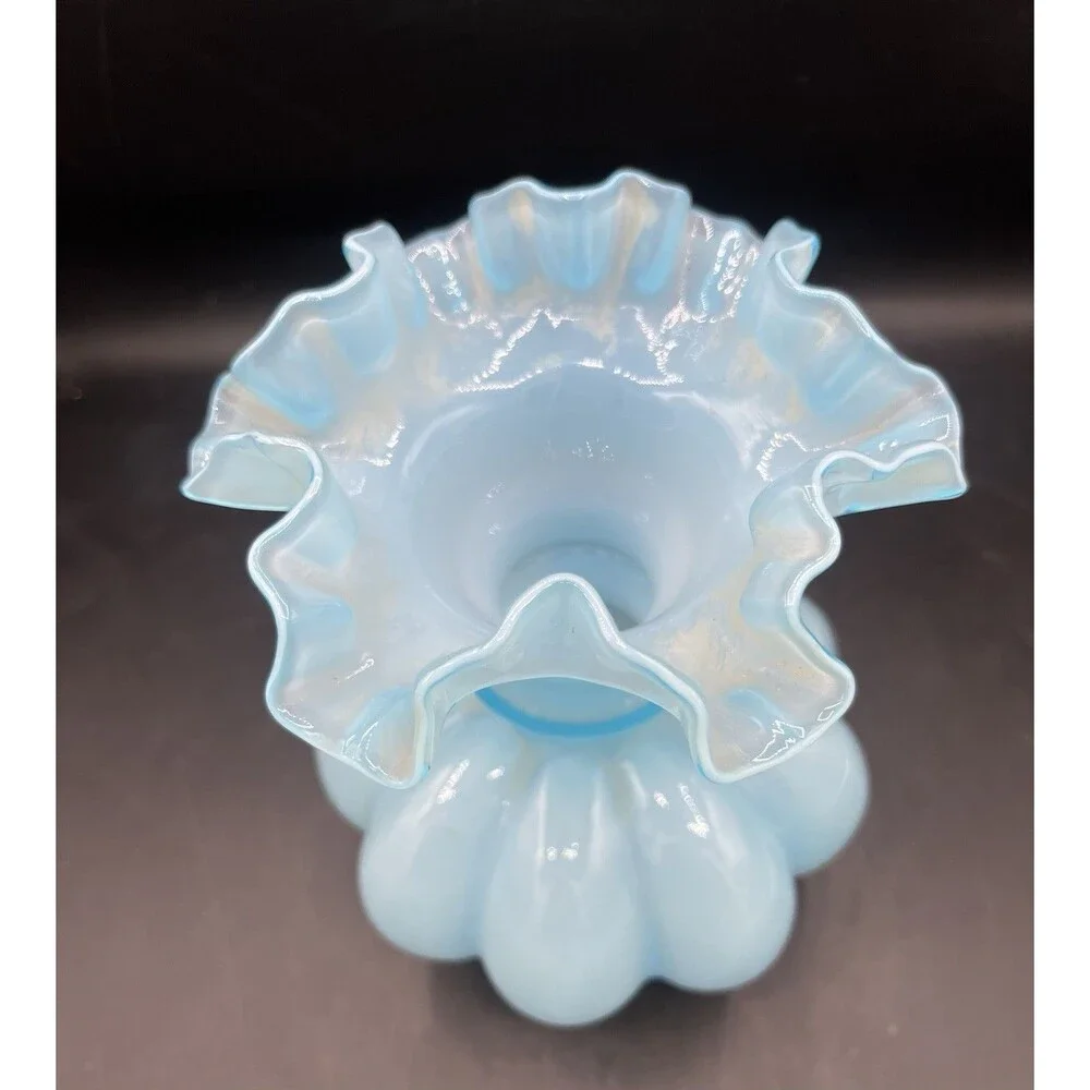 Vintage Fenton Blue Opalescent Melon Vase Ruffled Crimped Rim Art Glass 7.5”